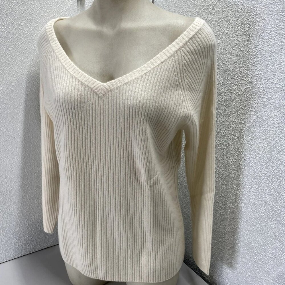 NEW STATE CASHMERE Off-Shoulder V-Neck Sweater • Size XL • Undyed White